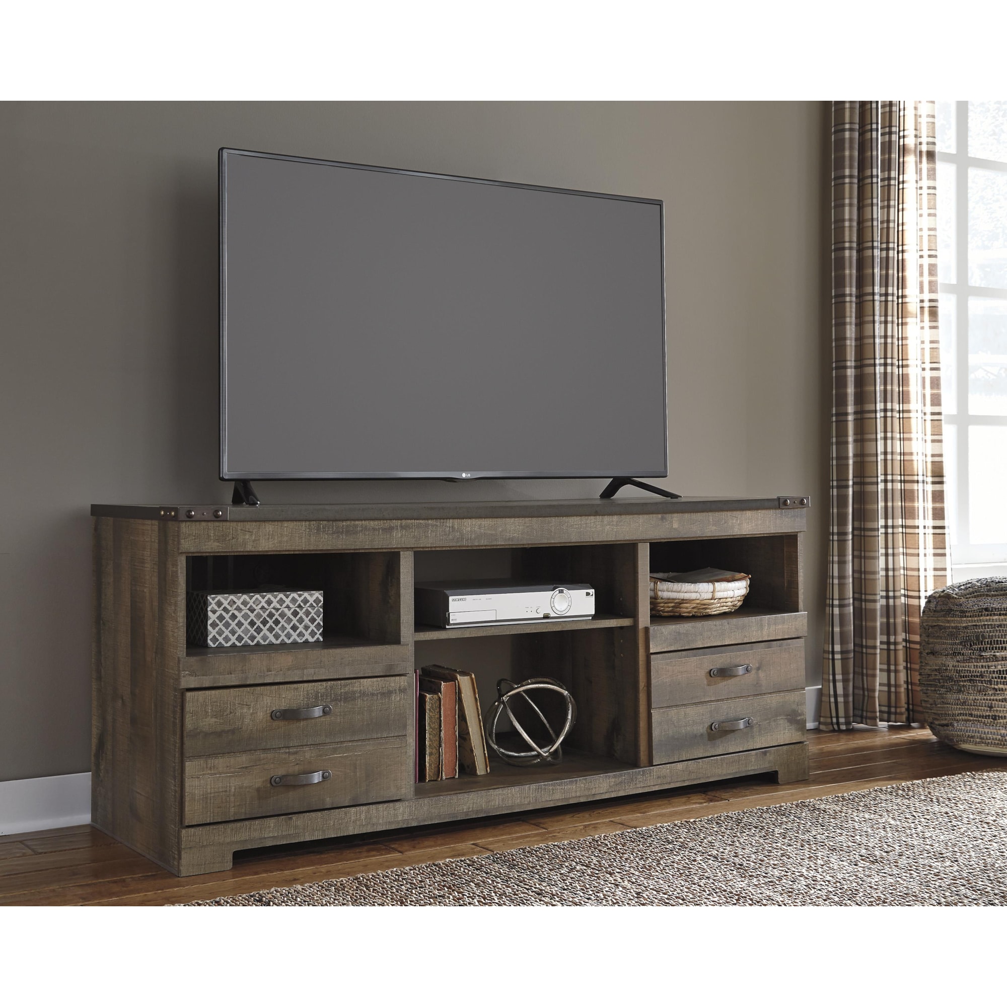 Signature Design by Ashley Trinell W44668 Rustic Large TV Stand with Metal Rivet Detail